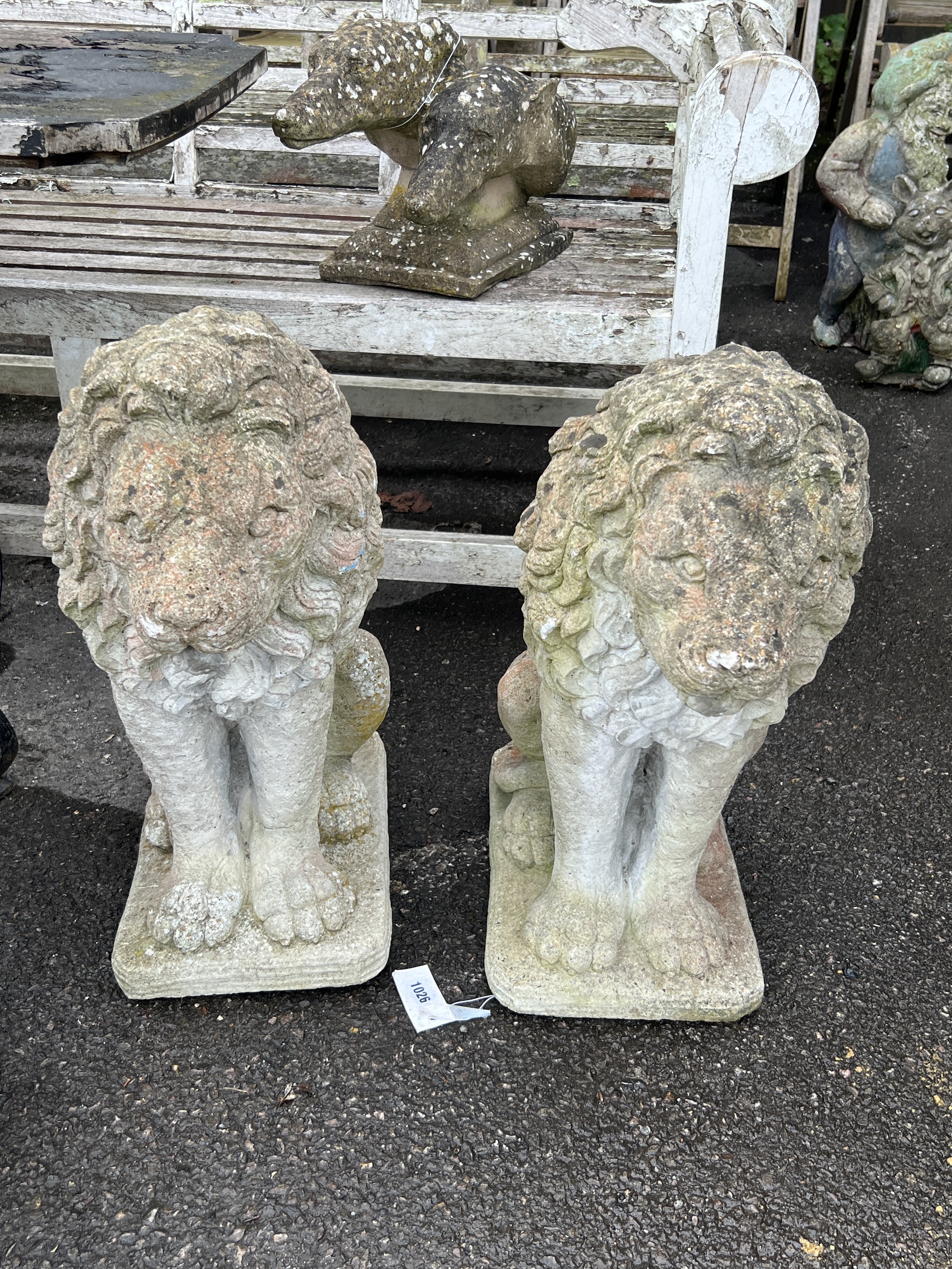 A pair of reconstituted stone seated lion garden ornaments, height 62cm